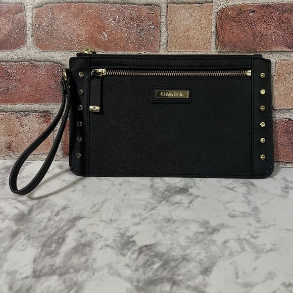 Calvin Klein Leather Studded Clutch Wristlet Handbag Black Gold Lined H3GG11WA - Picture 12 of 17